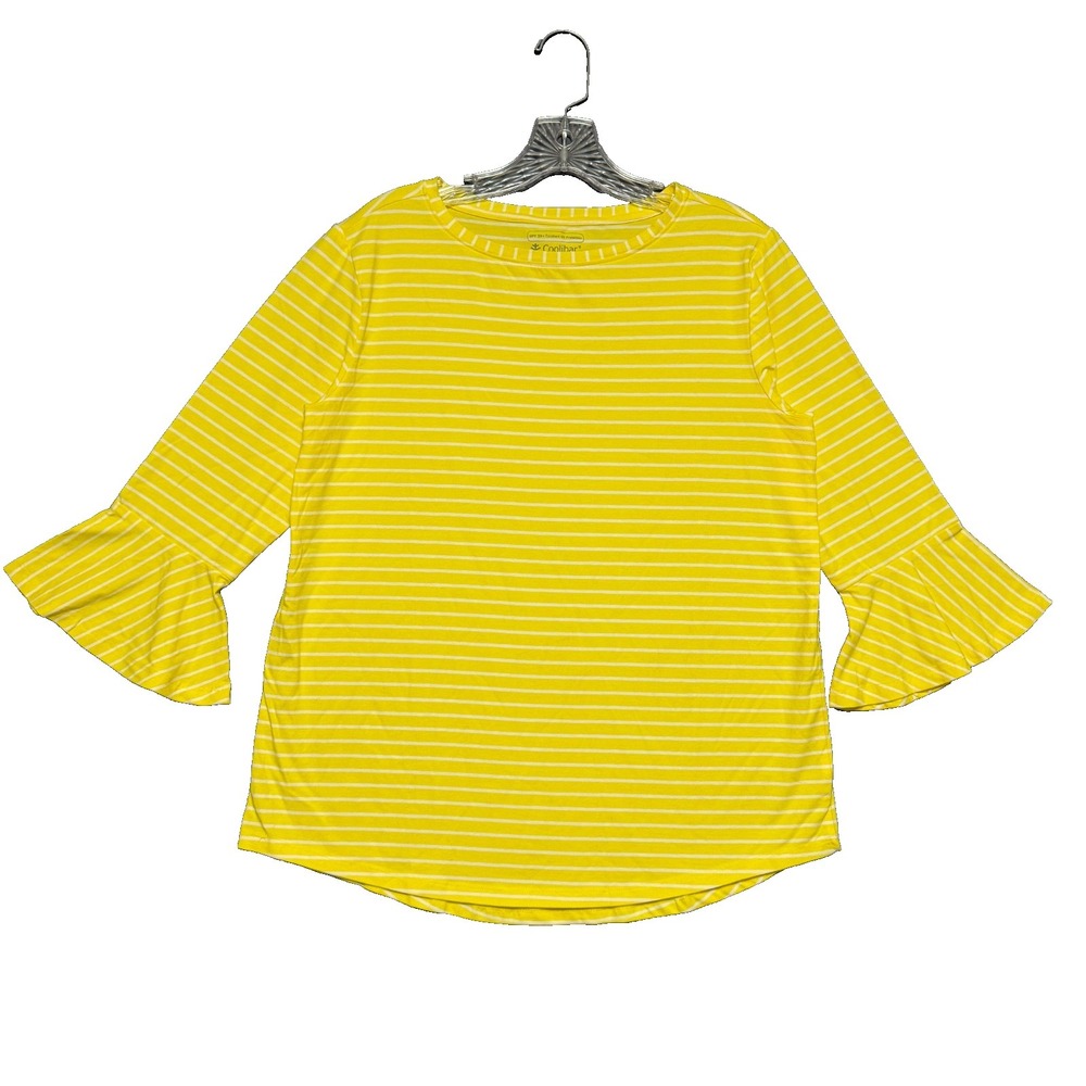 Coolibar Iris Ruffle Sleeve Top Womens S Yellow Striped UPF 50+ Coastal Preppy